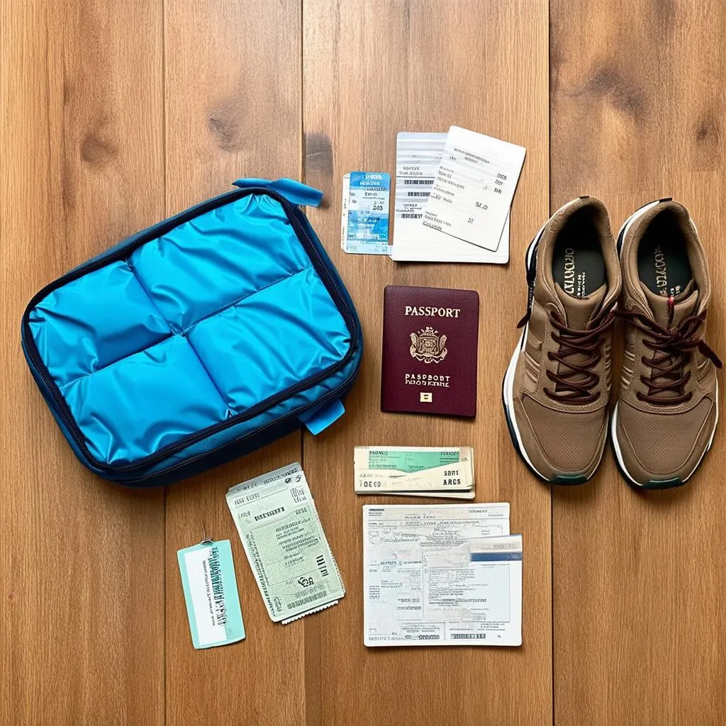 Packing cubes, travel documents, and comfortable shoes laid out on a wooden table.